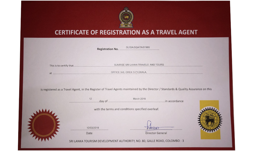 Sri Lanka tourism development authority certificate