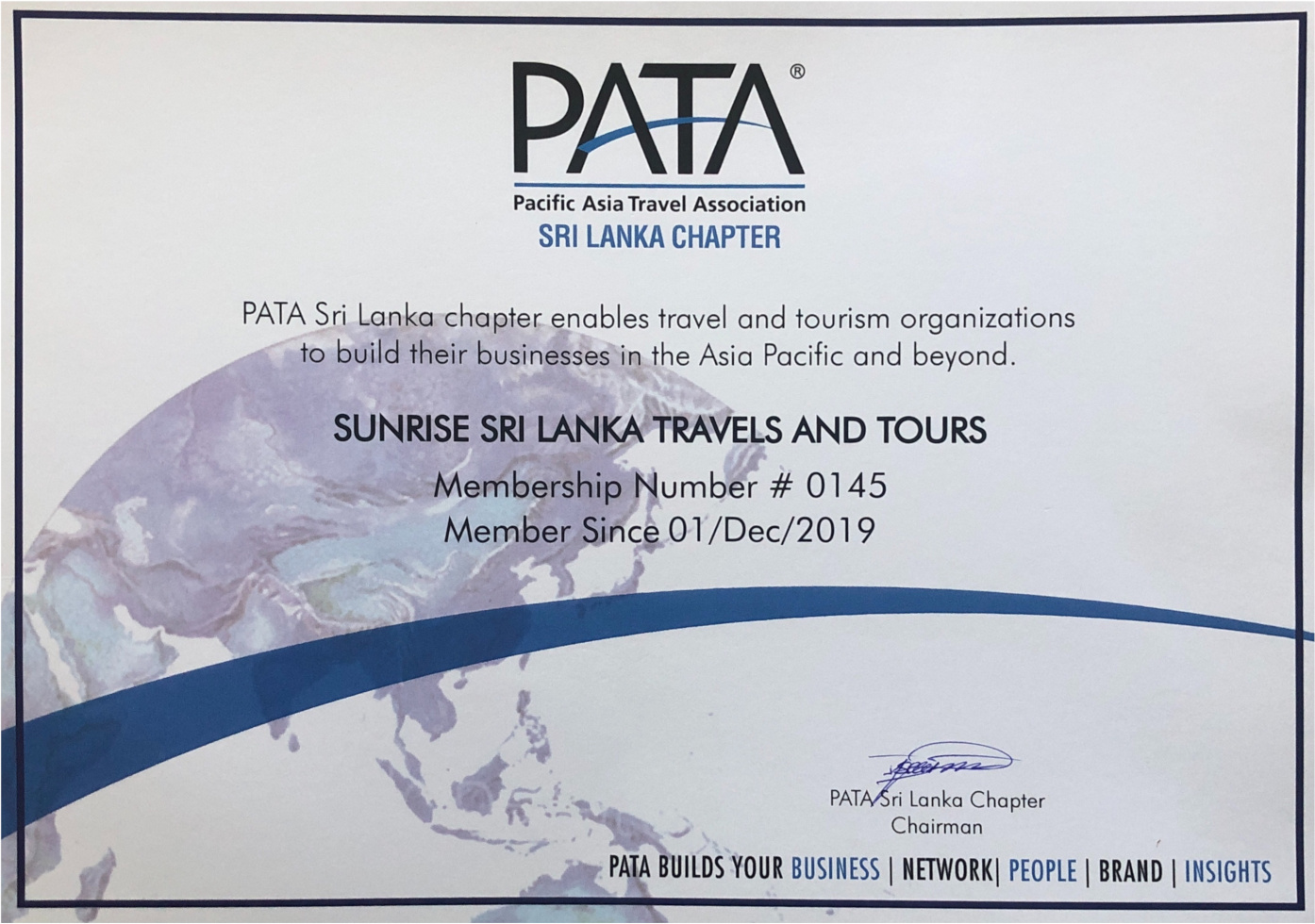 Pacific asia travel association membership certificate